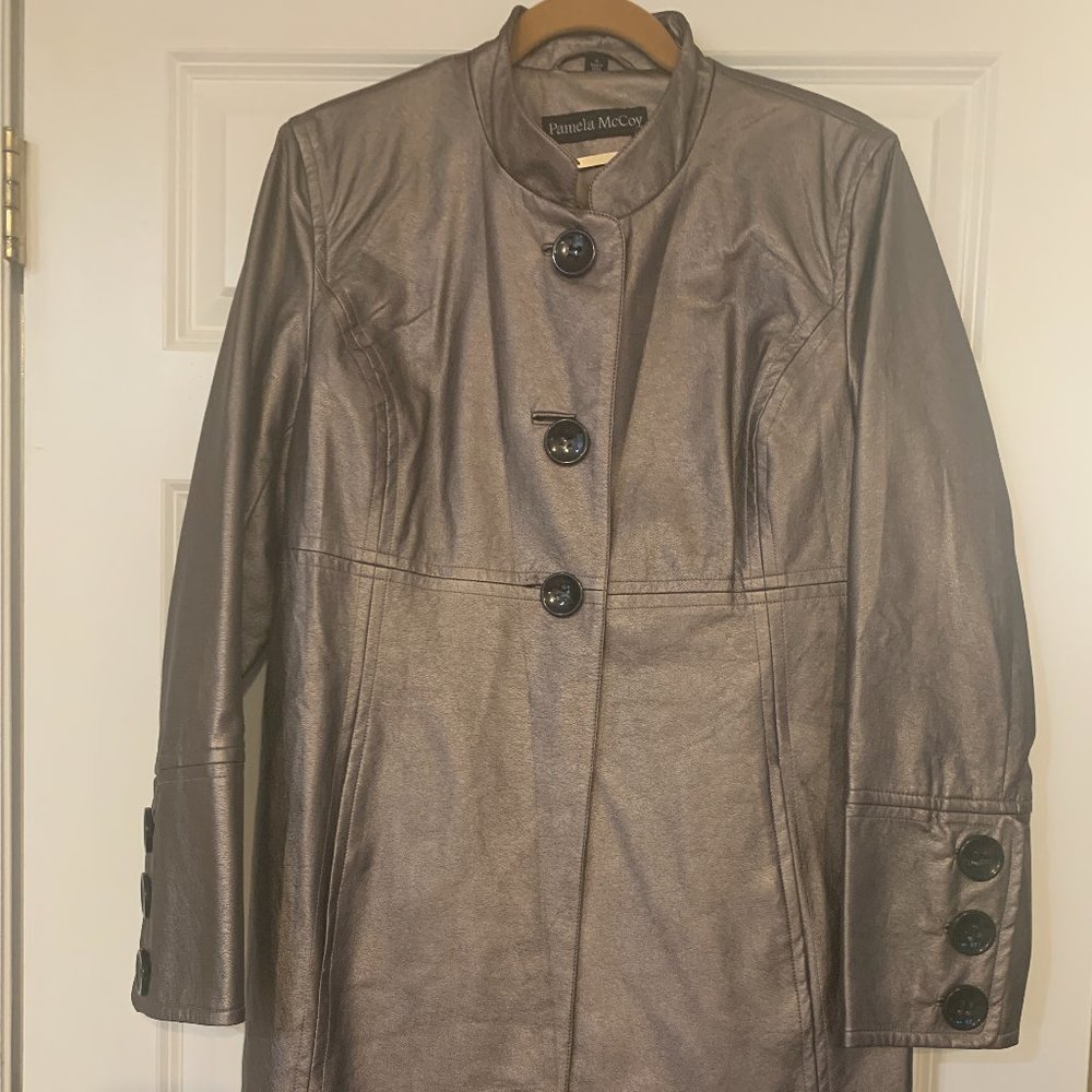 Pamela McCoy Faux Leather Car Length Coat - Metallic
